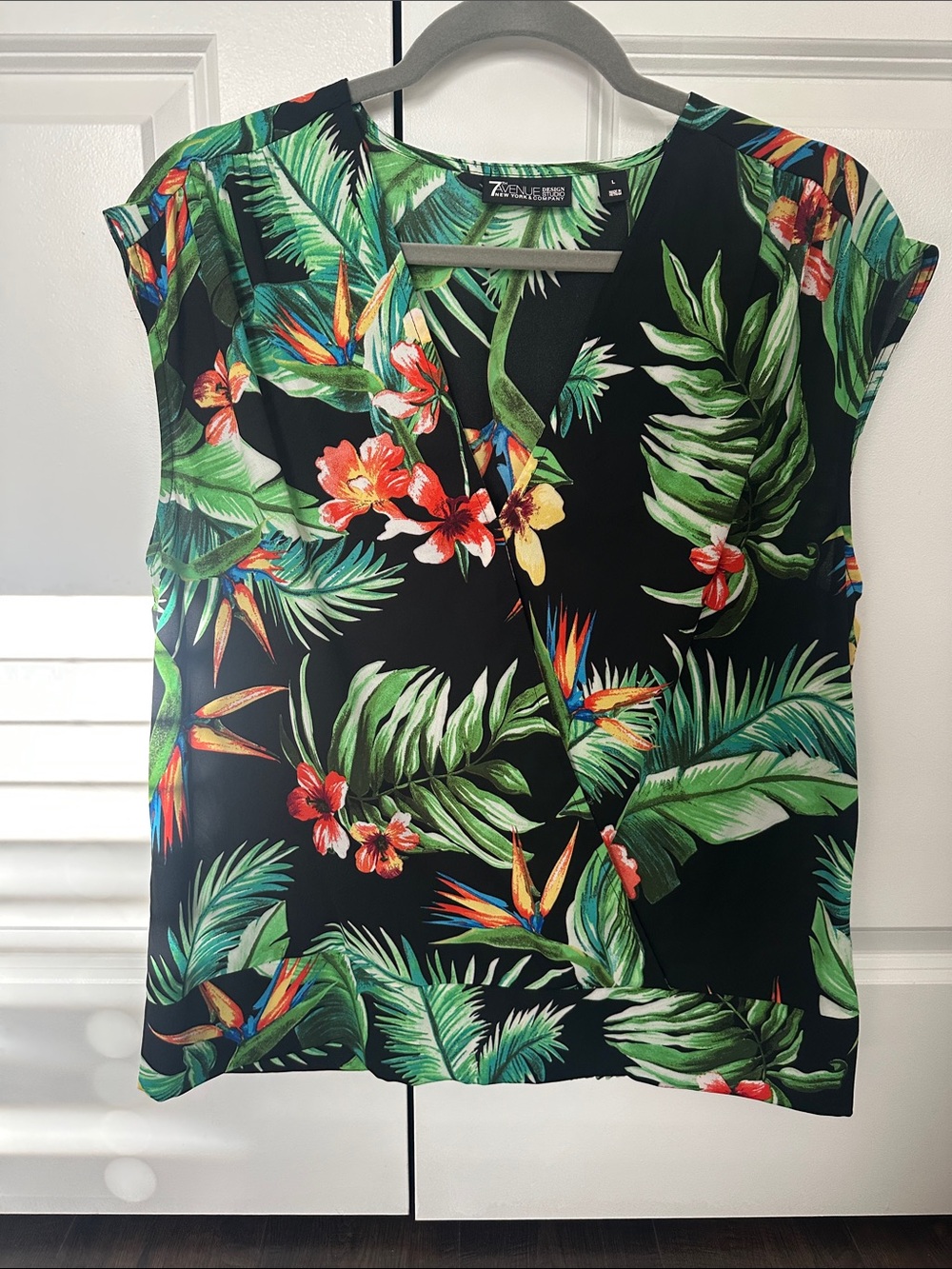 New York & Company Tropical Black Floral Wrap Blouse